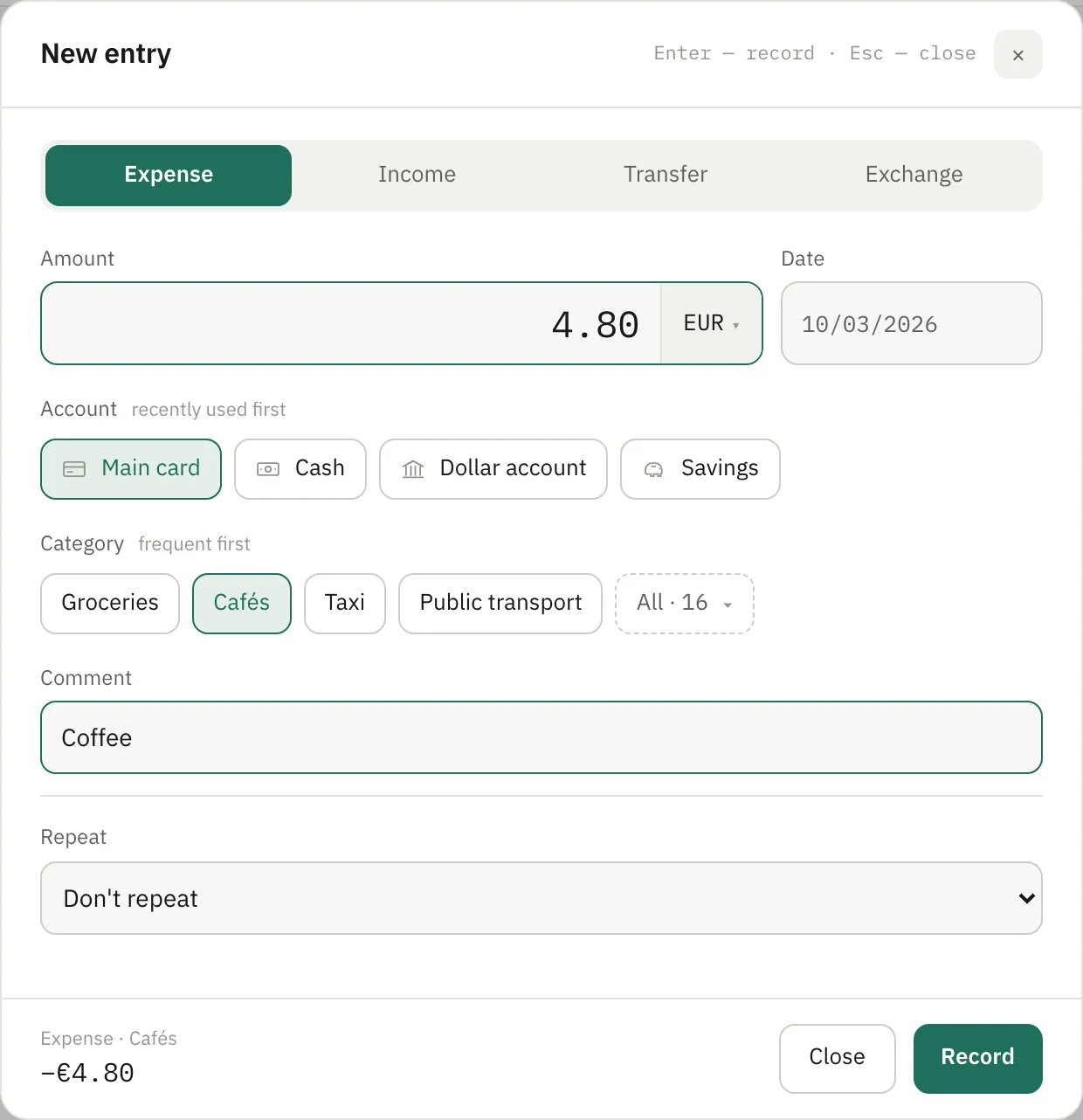 Entry panel: a €4.80 coffee from the main card in the Cafés category