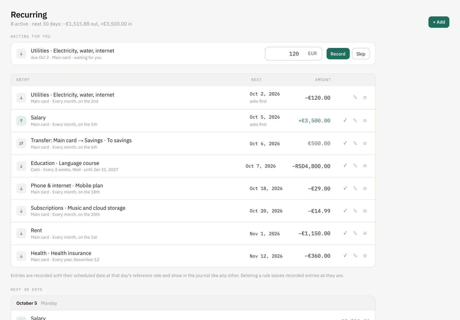 The Recurring section: an entry waiting for confirmation, the schedule and the next 30 days