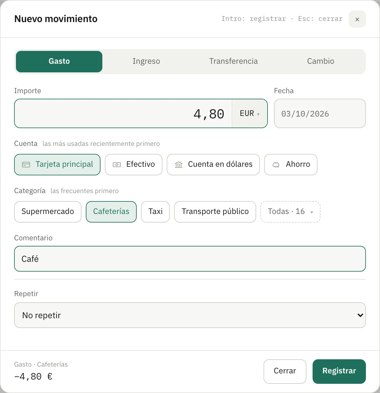 Formulario de registro: un café de 4,80 € con la tarjeta principal en la categoría Cafeterías
