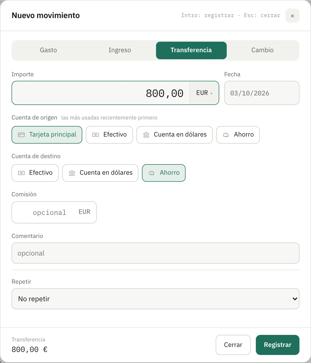 Una transferencia de la tarjeta principal al ahorro; el campo de comisión es opcional